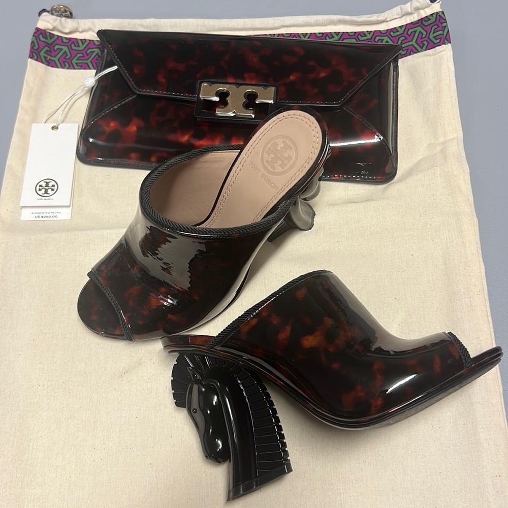 Tory Burch equestrian heels & matching purse!  Patent tortoise shell combo